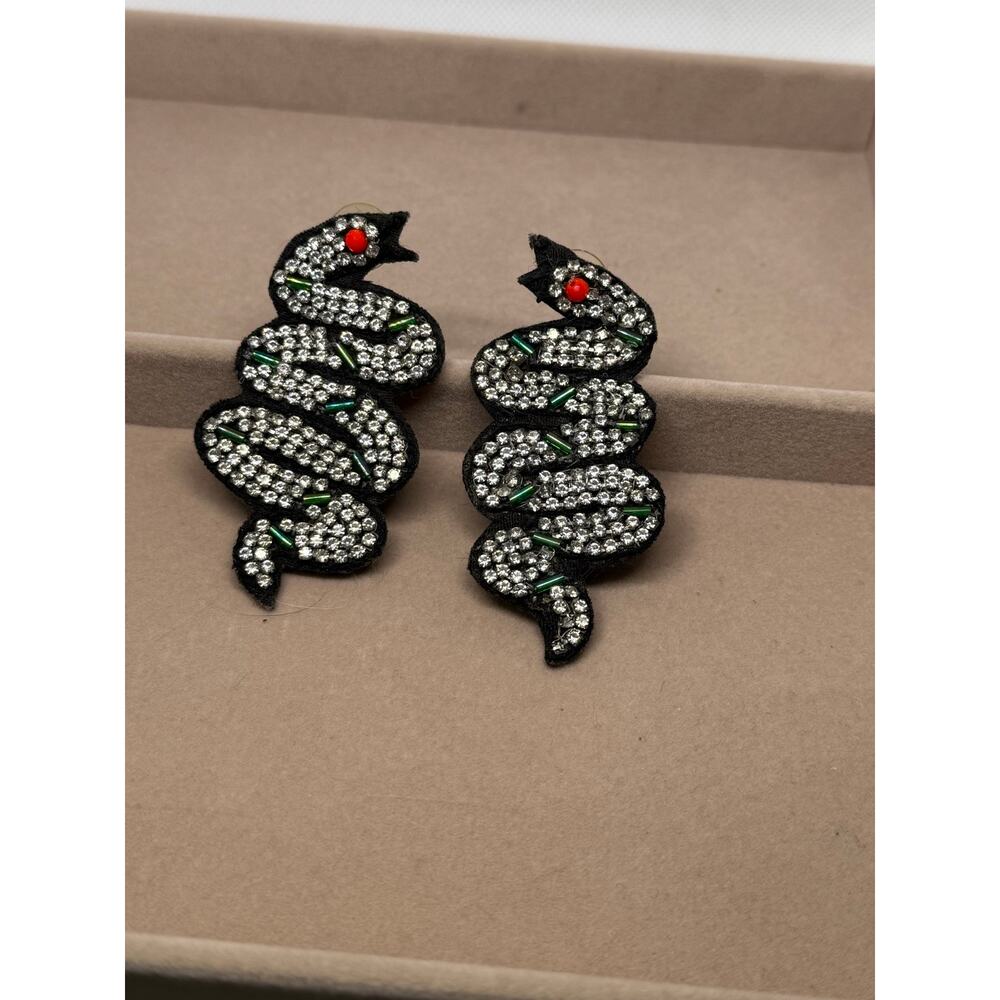 🧚🏻‍♀️ Rhinestone Snake Earrings 3” Statement Beaded Felt Serpent Dangle